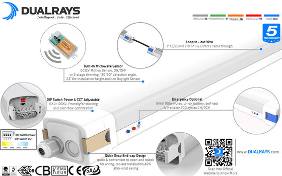 5ft/60W D5 đèn LED chống ẩm với DIP chuyển đổi nguồn / 3CCT và 1-10V, DALI, cảm biến chuyển động, cảm biến ánh sáng ban ngày,Zigbee và chức năng khẩn cấp