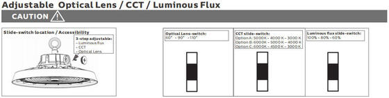 Đèn LED Highbay có cài đặt có thể chuyển đổi cho năng lượng và nhiệt độ màu với nhiều tùy chọn góc chùm cho công nghiệp