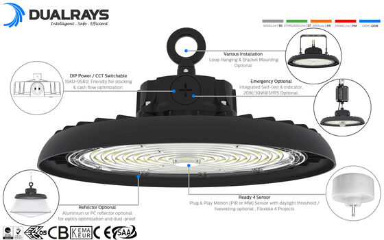HB3 DIP Khả năng chuyển đổi và 3CCT UFO LED High Bay Light 100W 192LPW với sẵn sàng cho cảm biến (PIR / Motion Sensor)