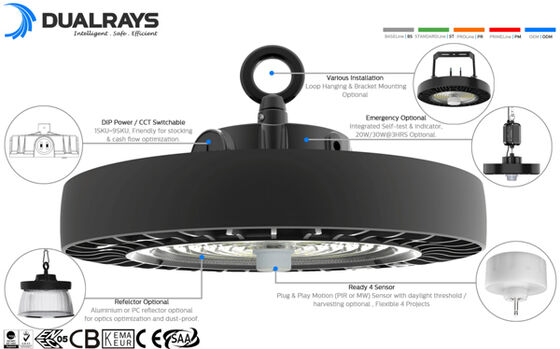 HB4H DIP Khả năng chuyển đổi và 3CCT UFO LED High Bay Light 200W 170LPW với cảm biến sẵn sàng (PIR hoặc cảm biến sóng vi mô với cảm biến ánh sáng ban ngày)