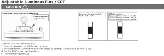 Đèn LED High Bay UFO 3CCT có thể chuyển đổi bằng DIP HB4H 150W 150LPW với Chóa phản xạ Al 90 độ IP65 IK08 Bảo vệ Kho hàng Châu Âu