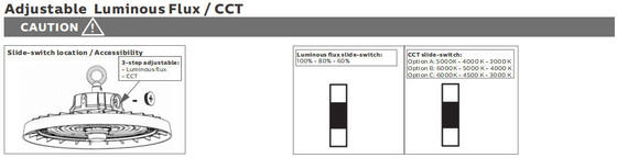 Đèn LED nhà xưởng UFO HB3H có thể điều chỉnh công suất bằng DIP Switch và 3CCT, 100W 150LPW với chức năng khẩn cấp 20W/30W @ 3 giờ tùy chọn